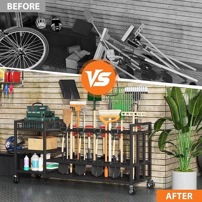 Garden Tool Organizer with Wheels-Movable Garden Tool Rack with Storage Hooks - Image 4