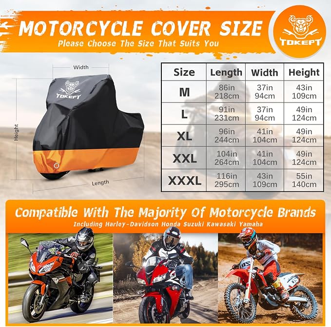 Motorcycle Cover, All-Season Waterproof Outdoor Sun Protection Fit up to 86 - Image 2