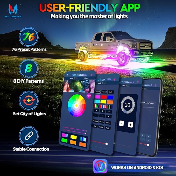 MICTUNING 2025 1000% Bright Q1 MAX RGB+IC Rock Lights, 8 Pods Chasing - Image 4