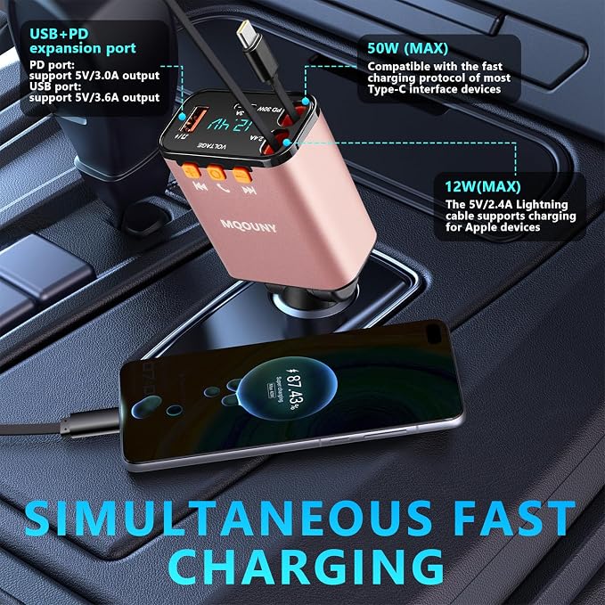 Retractable Car Charger, 5 in 1 Fast Cars Phone Charger 60w, Handsfree Call - Image 6