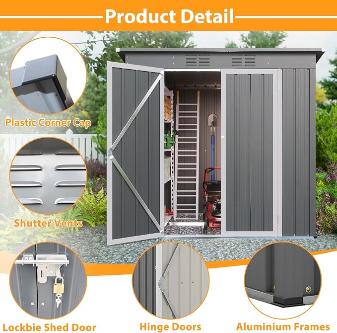 6' x 4' Outdoor Metal Storage Shed, Galvanized Steel Tool Garden Shed, - Image 4