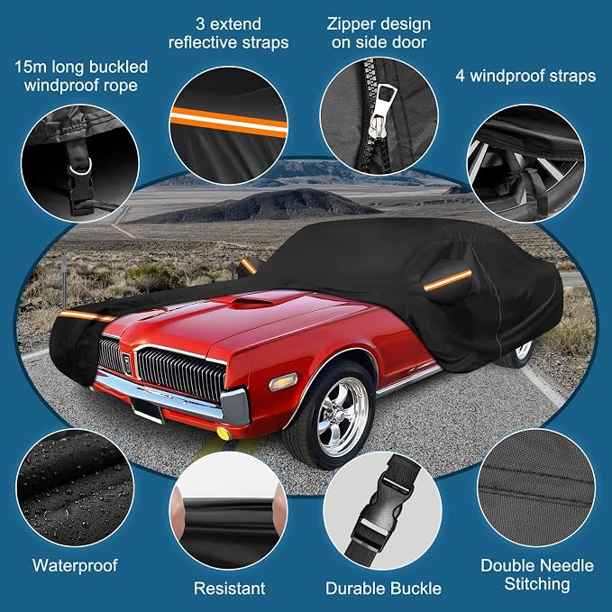 Car Cover for Mercury Cougar 1967-1973, Waterproof 210D Oxford Cloth and Cotton - Image 3