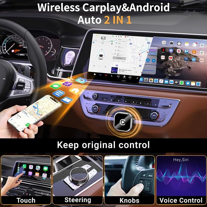 Wireless CarPlay and Android Auto Adapter, Mini Size Car Play Adapter, Plug and - Image 2