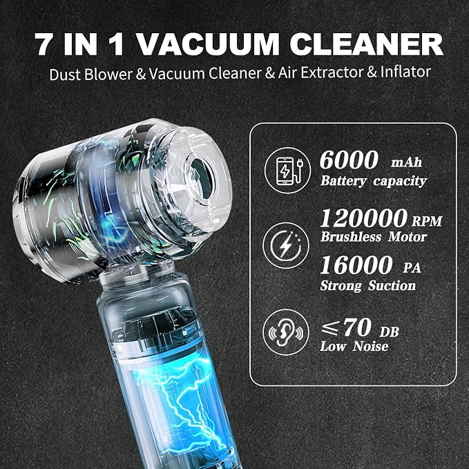 Car Vacuum Portable Cordless, 16000PA Powerful Car Vacuum Cleaner, 7 in 1 Mini - Image 2
