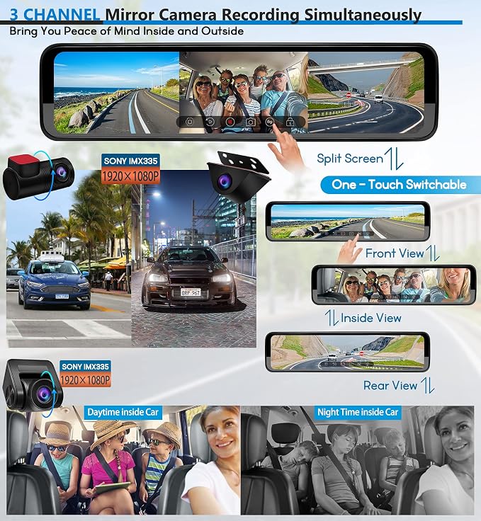 PORMIDO Triple Mirror Dash Cam 12" - Image 3