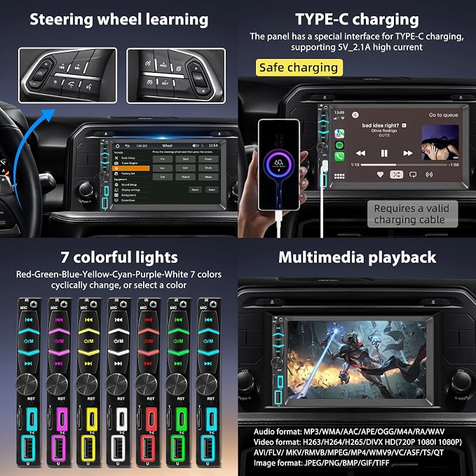 7" Wireless Double Din Car Stereo Apple Carplay Radio Screen - Image 7