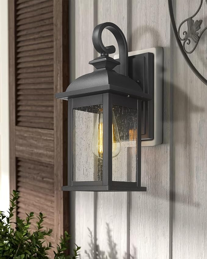 FEMILA Outdoor Wall Sconce, 14.9" Matte Black Seeded Glass Outdoor Sconce Lights - Image 2