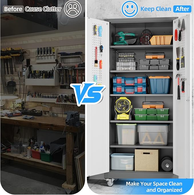 Metal Garage Cabinet with Wheels and Pegboard 71'' x 32'' x 16'', Lockable - Image 7