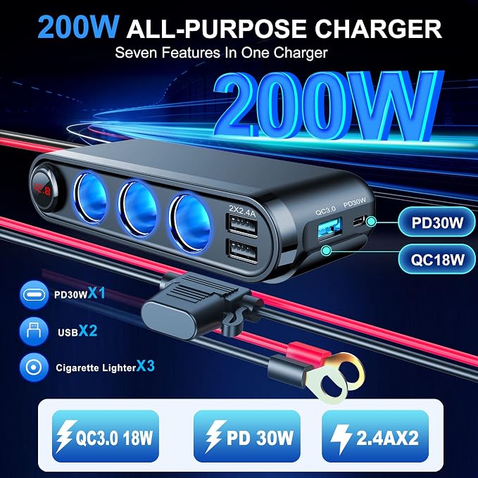 12V Cigarette Lighter Socket Splitter, 200W 3 Socket Multi Port Car Cigarette - Image 5