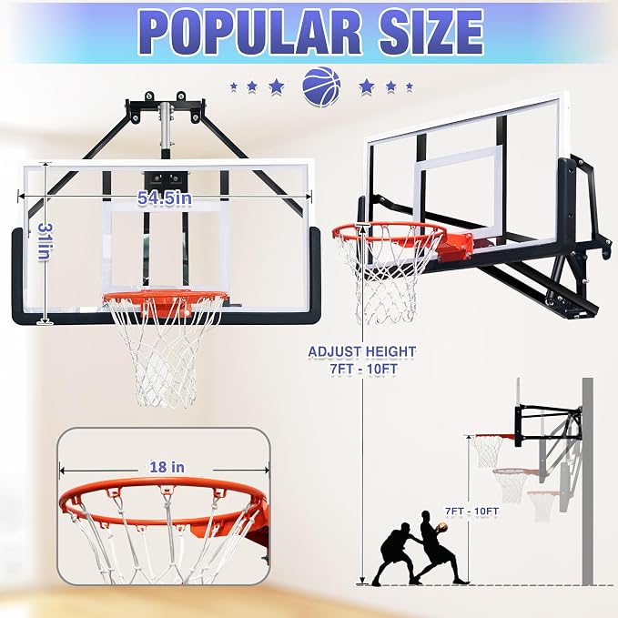 54.5" Wall Mounted Basketball Hoop Adjustable Height Basketball Goal Indoor - Image 3