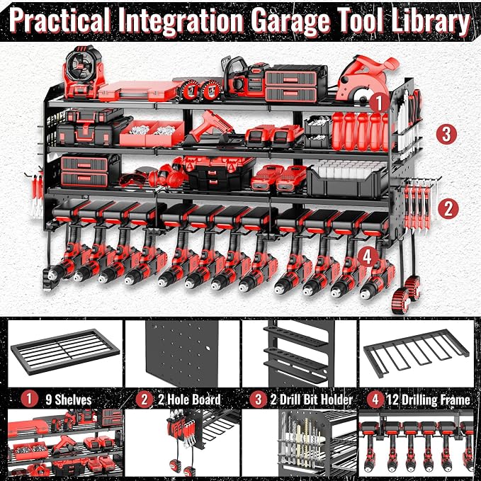 Large Power Tool Organizer Wall Mount-12 Drill Holder, Metal Heavy Duty Garage - Image 3