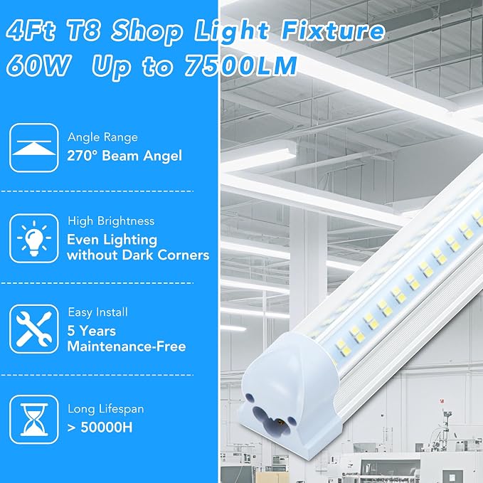 T8 LED Shop Lights, 4 Pack Garage Light 4FT 60W 9600LM 6000K, Work Lights - Image 2
