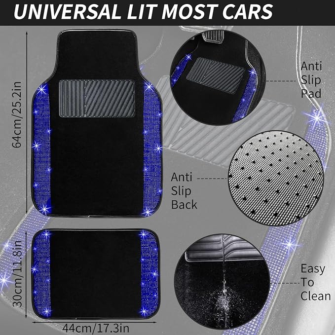 NBTEPEM Blue Bling Car Floor Mats Full Set, Universal Fit Most Cars - Image 7