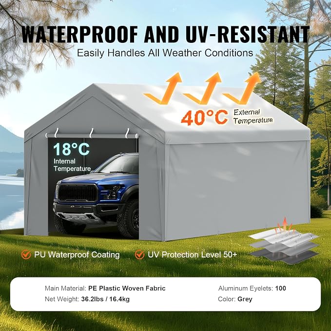 VEVOR Carport Replacement Canopy Cover Top + Side Wall 13 x 20 ft, Garage Tent - Image 3