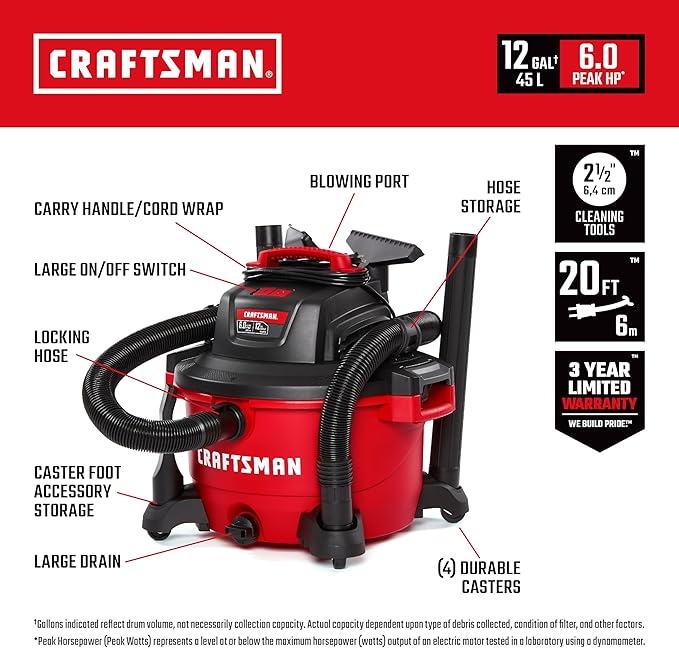 CRAFTSMAN CMXEVBE17594 12 Gallon 6.0 Peak HP Wet Dry Vac, Portable Shop Vacuum - Image 2