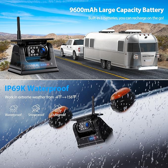 9 Inch Magnetic Solar Wireless Backup Camera System, 9600mAh Solar Rechargeable - Image 6