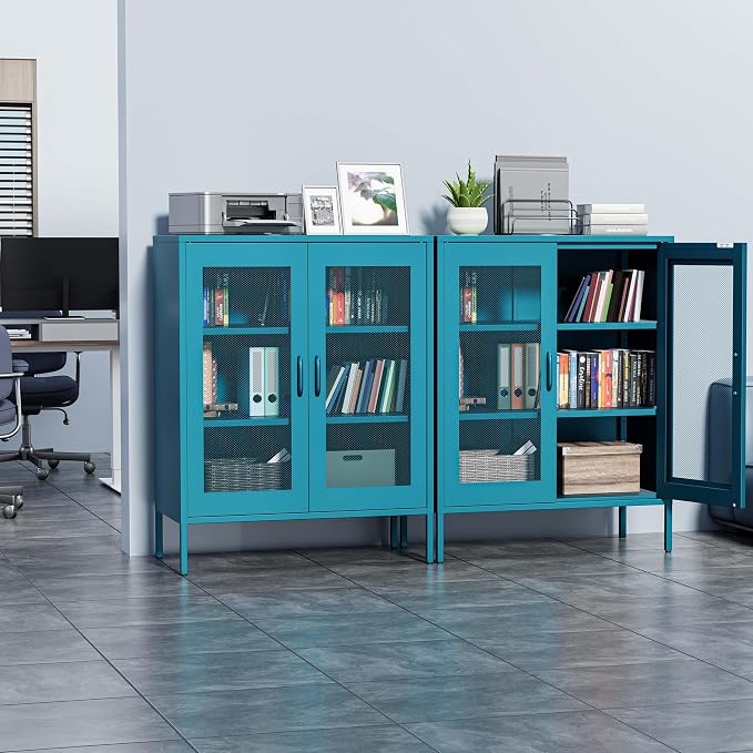 Metal Storage Cabinet with Mesh Doors, Steel Display Cabinet with Adjustable - Image 2