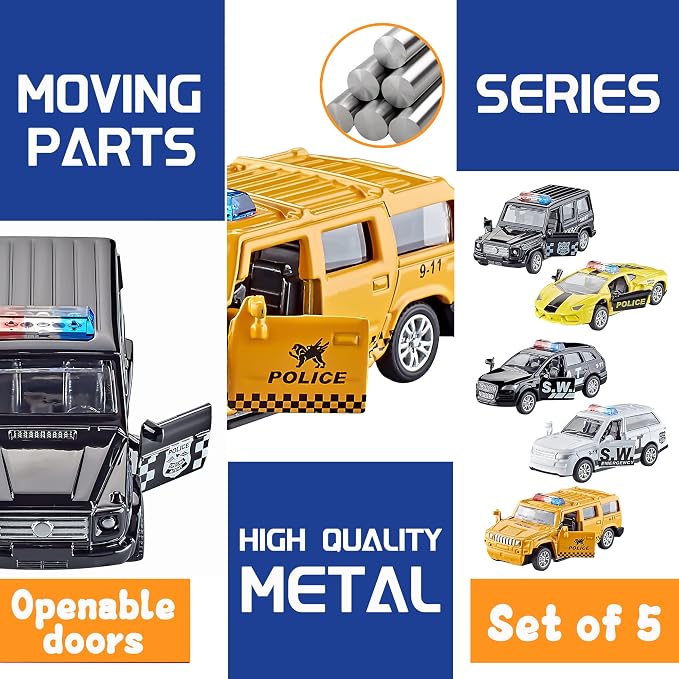 KIDAMI Die Cast Metal Little Toy Cars Set of 5, Openable Doors Pull Back Car - Image 4