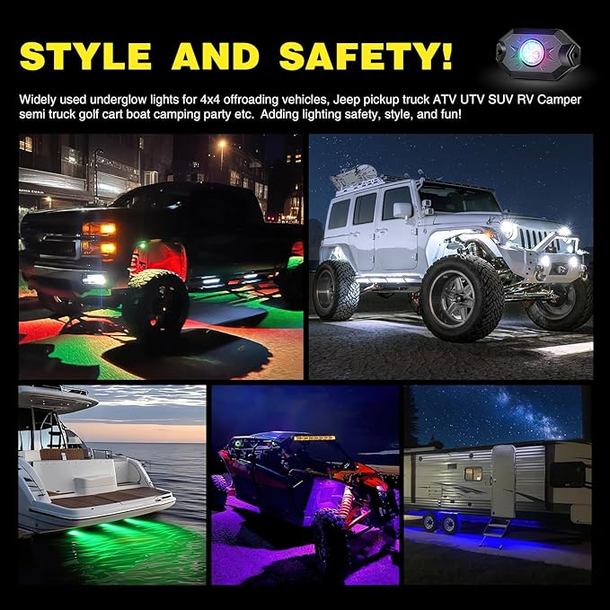Nilight RGB LED Rock Lights Kit, 4 pods Underglow Multicolor Neon Light Pod - Image 7