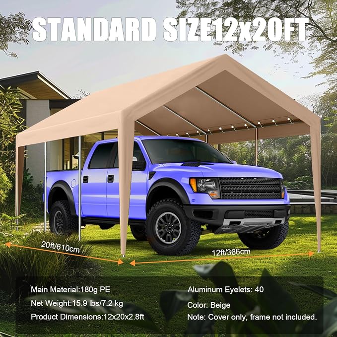 12'x20' Canopy Replacement Cover, Beefull Carport Replacement Canopy - Image 4