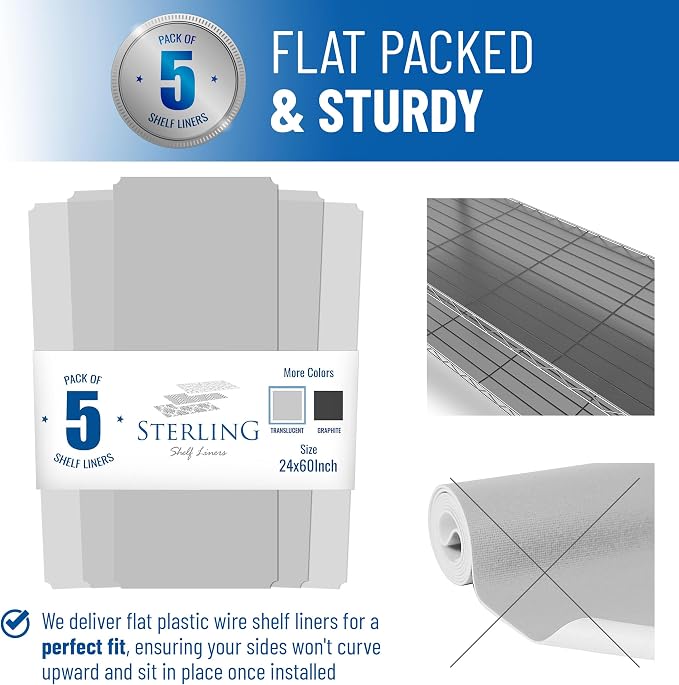 Shelf Liners for Wire Shelf System: Set of 5 in Clear: 24 x 60 inch: Plastic - Image 3