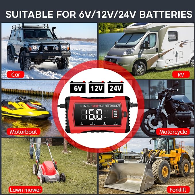 16-Amp 24V/12V/6V Portable Car Battery Charger, Smart LiFePO4 Lithium Lead-Acid - Image 4