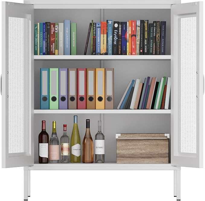 Metal Storage Cabinet with Mesh Doors, Steel Display Cabinet with Adjustable - Image 5