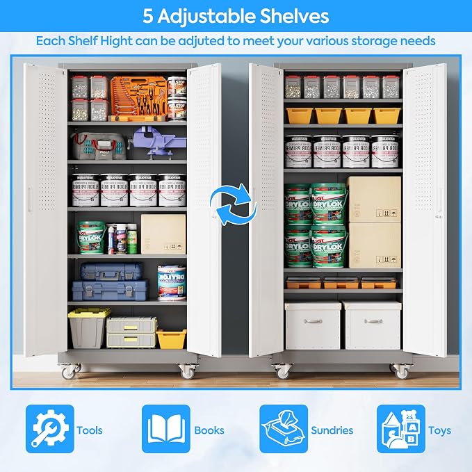 Metal Garage Cabinet with Wheels and Pegboard 71'' x 32'' x 16'', Lockable - Image 4