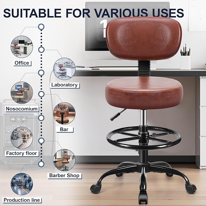 Drafting Chair with Backrest – Adjustable Foot Rest Rolling Stool with Wheels - Image 8