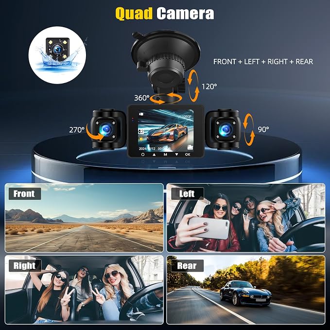 4 Channel Dash Cam Front and Rear Inside Left Right, 2.4 Inch 1080P Dash Camera - Image 2