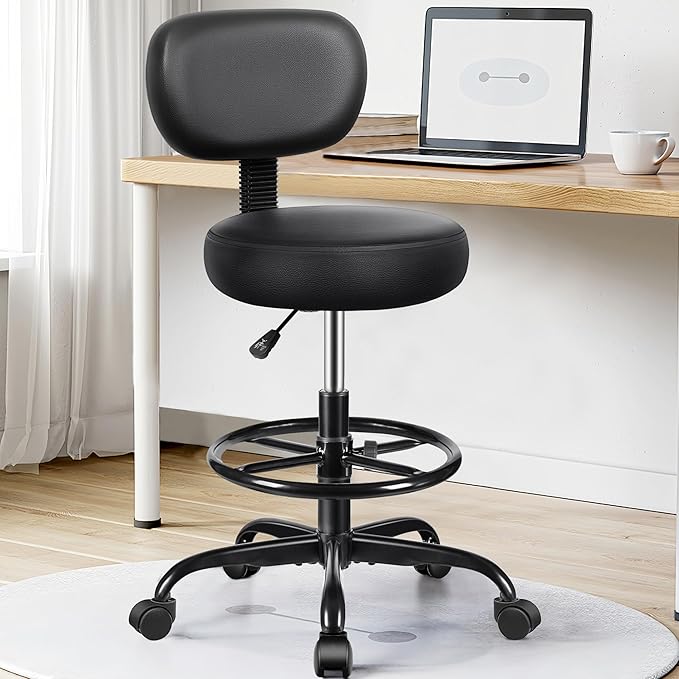 Drafting Chair with Backrest – Adjustable Foot Rest Rolling Stool with Wheels - Image 2