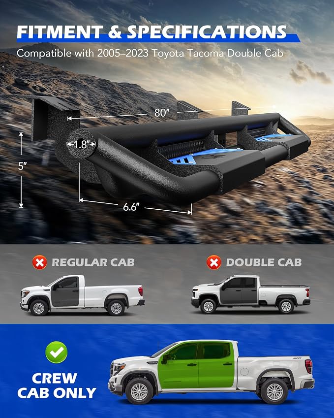 Running Boards Compatible with Toyota Tacoma Double Cab 2005-2023, 6.6" Side - Image 6