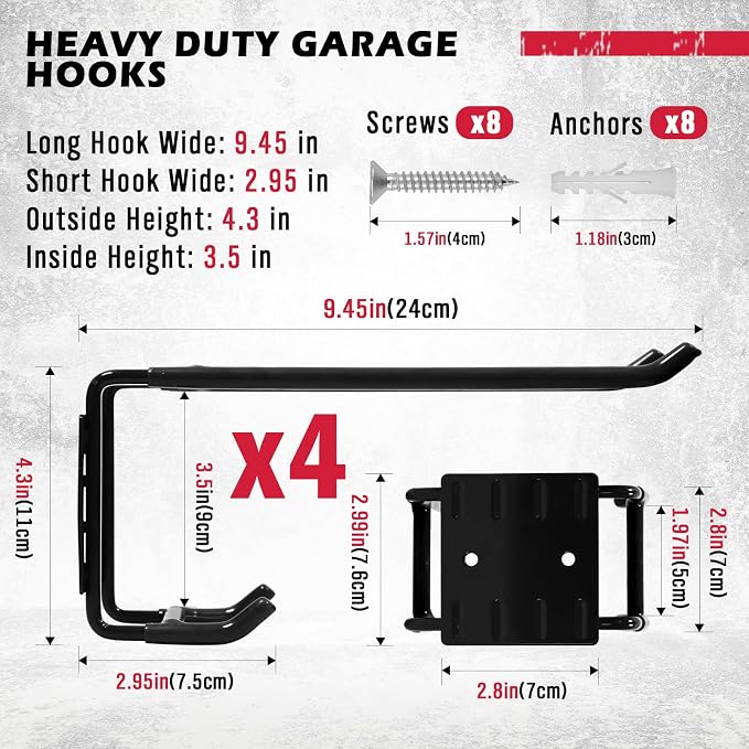 4-Piece 9.4" Heavy Duty Garage Hooks, Sturdy Utility Hooks Holds 55 LB Wall - Image 2