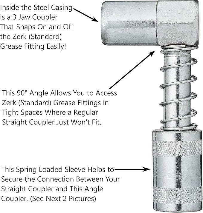 Slippery Pete 90 Degree Grease Coupler Snaps on to Grease Fittings in Tight - Image 3