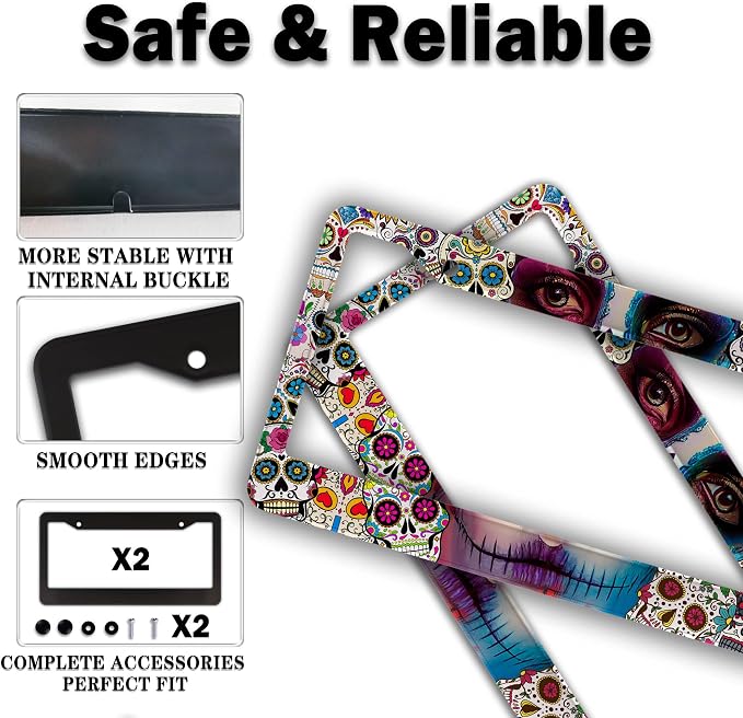 License Plate Frames for Women Multicolor Plate Cover for Men Sugar Skull - Image 4