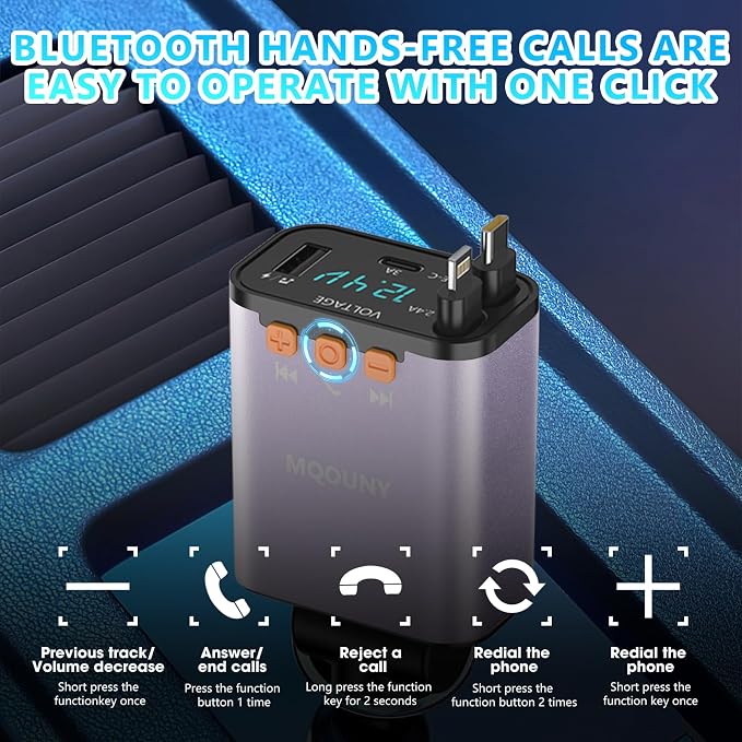Retractable Car Charger, 5 in 1 Fast Cars Phone Charger 60w, Handsfree Call - Image 3