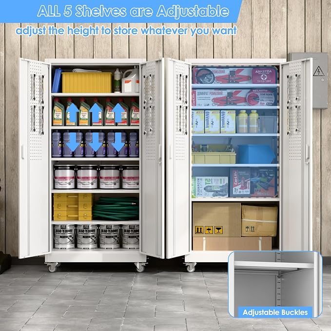 Garage Storage Cabinet with Pegboard and 5 Adjustable Shelves, Tool Storage - Image 5