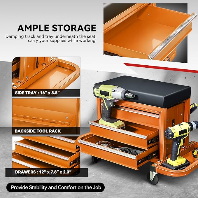 Auto Dynasty 3-Drawer Mechanic Rolling Seat, 350 LBS Capacity Roller Garage - Image 3
