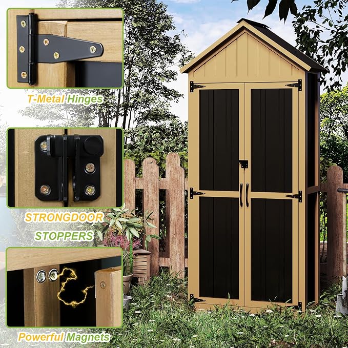 Outdoor Storage Cabinet with Shelf, Wood & Metal Storage Shed with Lockable - Image 3