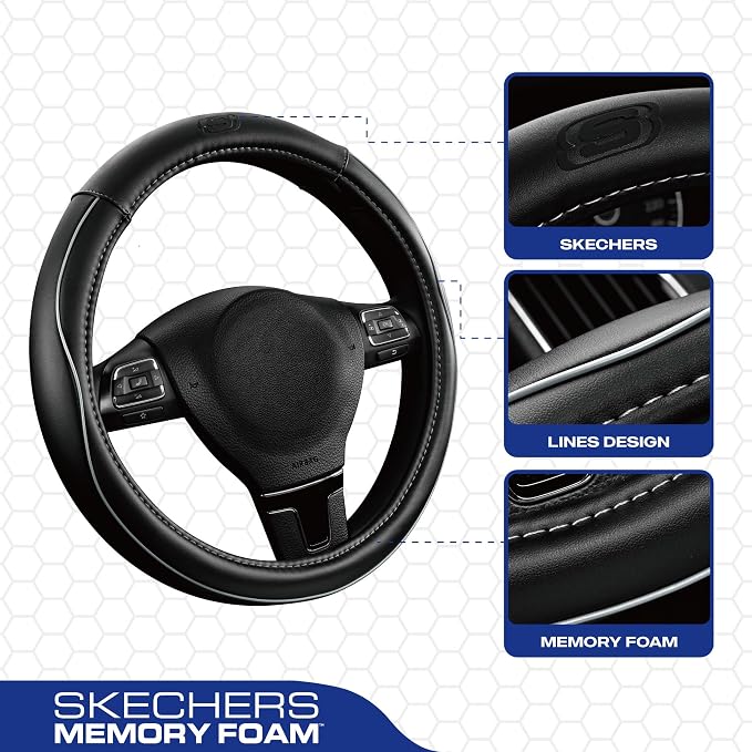 Skechers Memory Foam Steering Wheel Cover, Piping Microfiber Leather Steering - Image 2