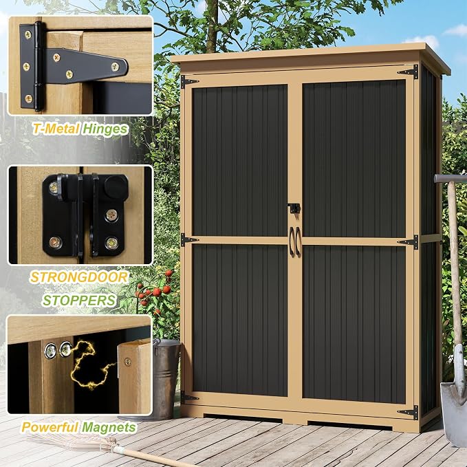 Outdoor Storage Shed with Adjustable Shelf, Wood & Metal Storage Cabinet - Image 4