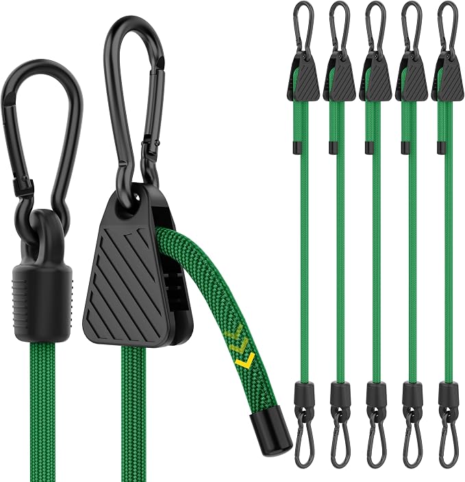 Bungee Cords with Hooks, 48 Inch Adjustable Green Bungee Cords with Carabiner by Rugtol