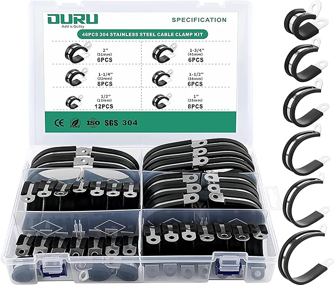 46PCS Cable Clamps Assortment Kit, Stainless Steel Rubber Coated Cushioned by OURU