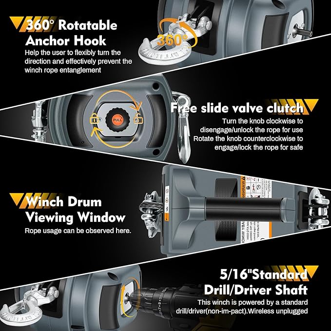 Portable Drill Winch of 1000 LB, Rotate The Hook 360 Degrees, - Image 4