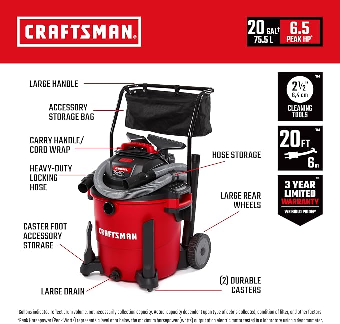 CRAFTSMAN CMXEVBE17656 20 Gallon 6.5 Peak HP Wet Dry Vac - Image 2