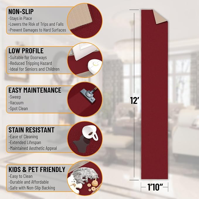 Ottomanson Hallway Runner Rug 1'10" x 12' Non Slip Solid Area Rugs Easy to - Image 2