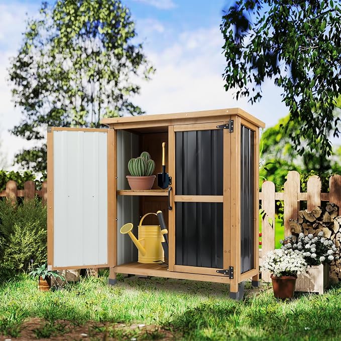 Outdoor Storage Cabinet Wood & Metal Small Storage Shed Waterproof Roof - Image 2
