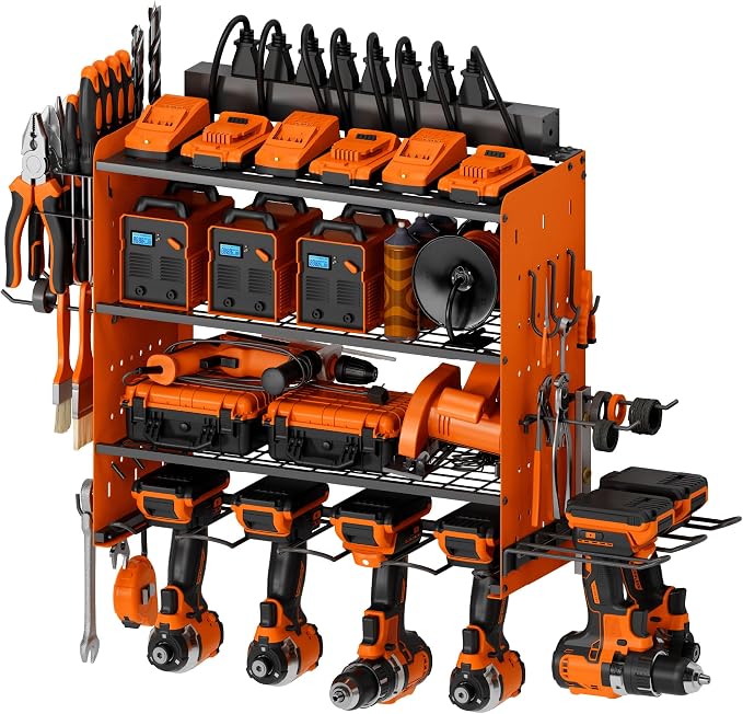 Power Tool Organizer with Charging Station, 4 Layers Garage Storage Rack with 6 by Sttoraboks