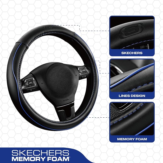 Skechers Memory Foam Steering Wheel Cover, Piping Microfiber Leather Steering - Image 2