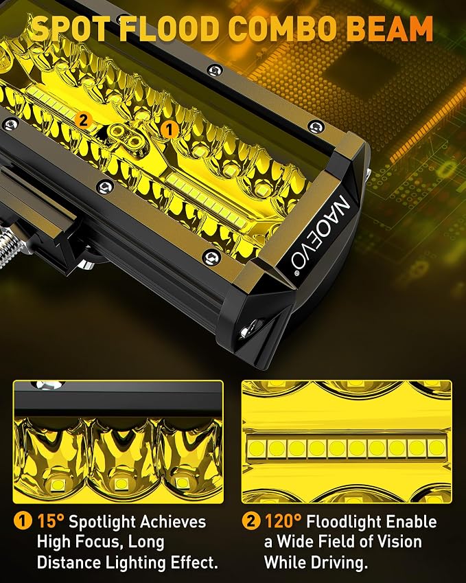 NAOEVO 7 Inch Yellow LED Light Bar, 240W 24, 000LM Offroad Fog/Driving Lights - Image 4